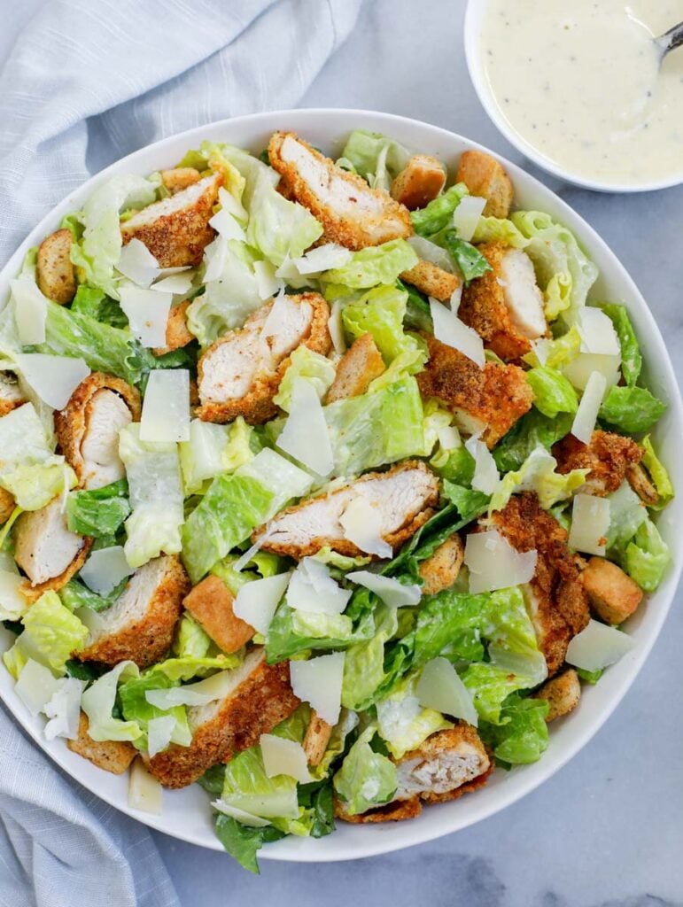 top down shot of crispy chicken salad