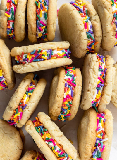 Funfetti cookies displayed next to each other after they are assembled