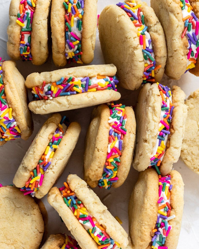 Top down shot of Funfetti Cookie Sandwiches