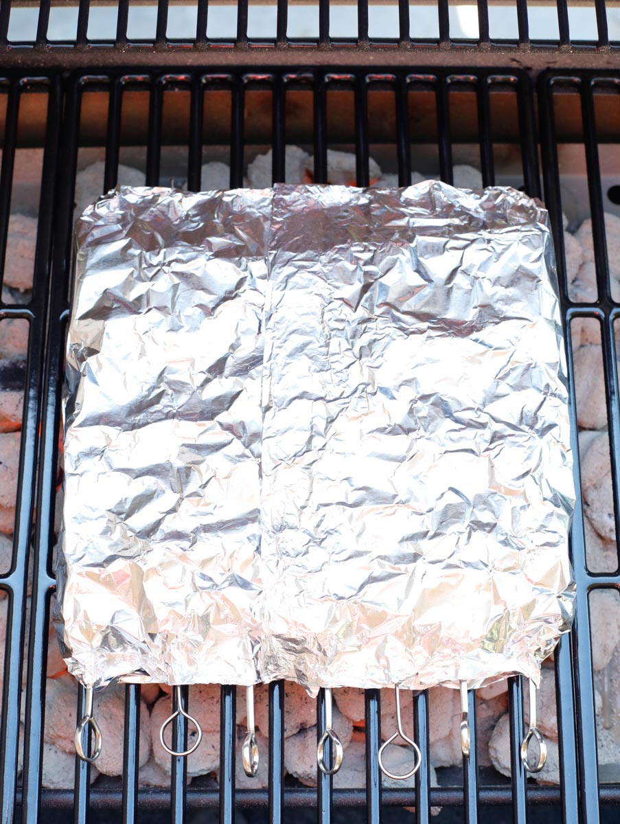 Grilled Beef Kabobs - Cookin' with Mima 8 Beef kebobs on foil on the grill
