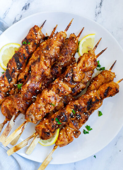 Korean BBQ Chicken Skewers on a plate