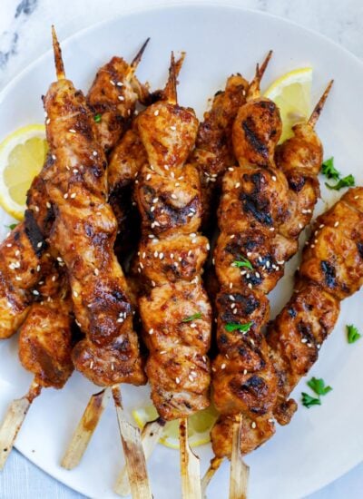grilleed koream bbq chicken skewers on a plate