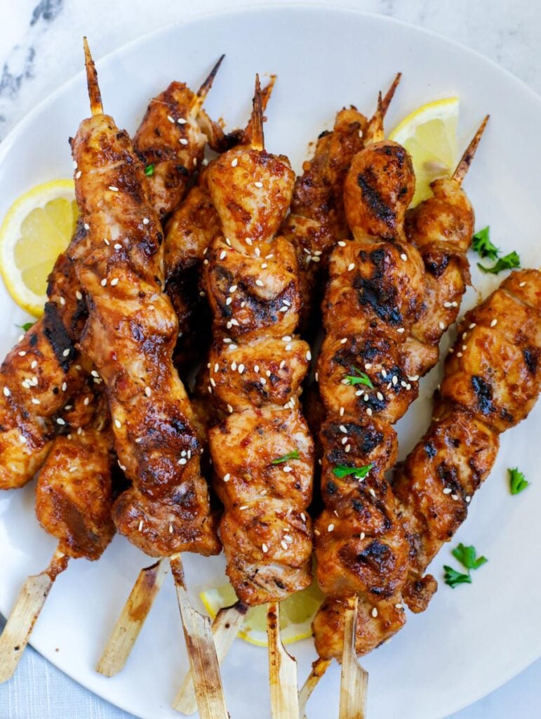 grilleed koream bbq chicken skewers on a plate