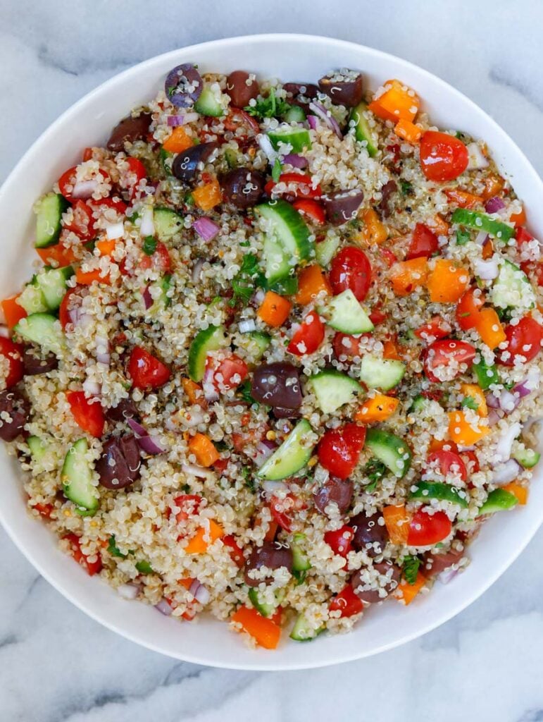 top view of the mediterranean salad after pouring the dressing