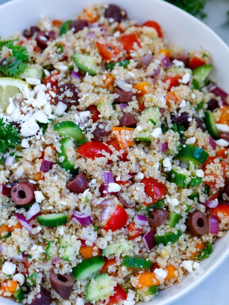 close up shot of the mediterranean quinoa salad