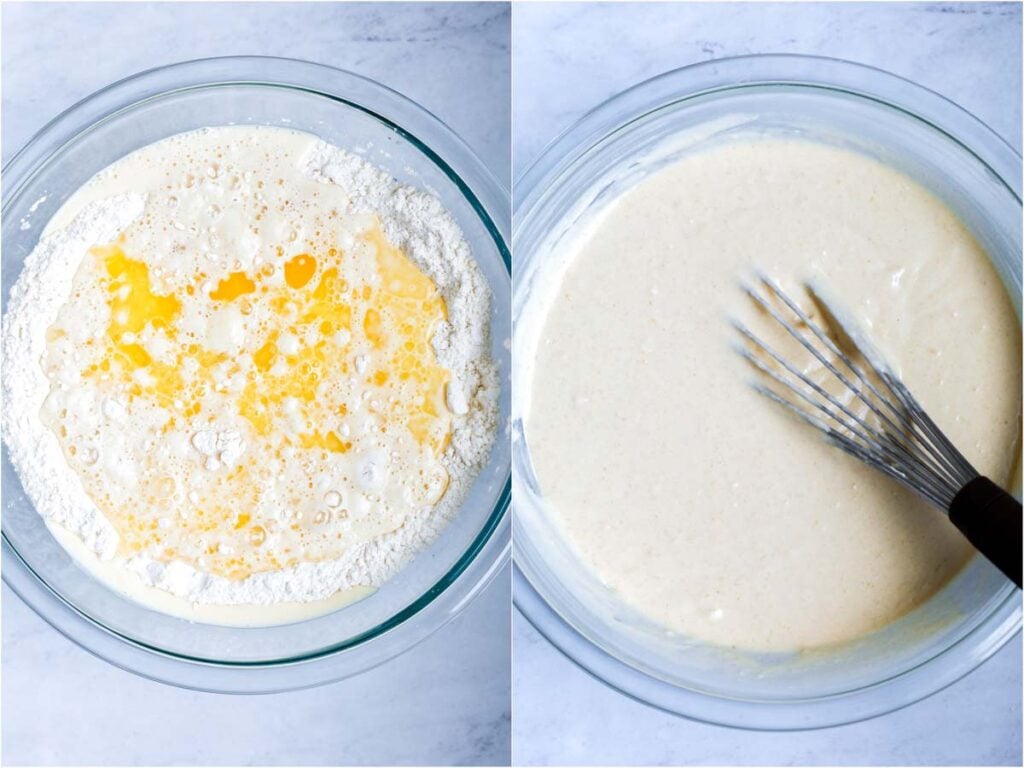 pancake ingredients in a bowl before and after it was mixed