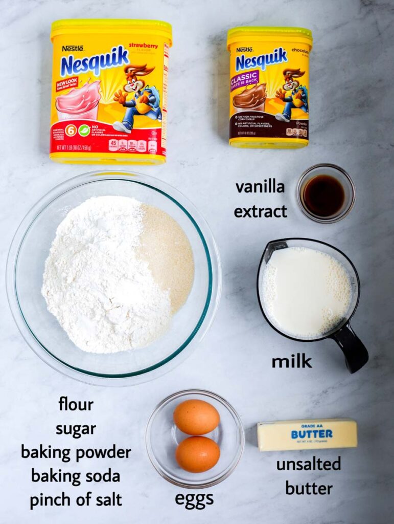 list of ingredients for the pancake cereal. milk, butter, pancake mix, eggs, vanilla extract and flavored powdered milk 