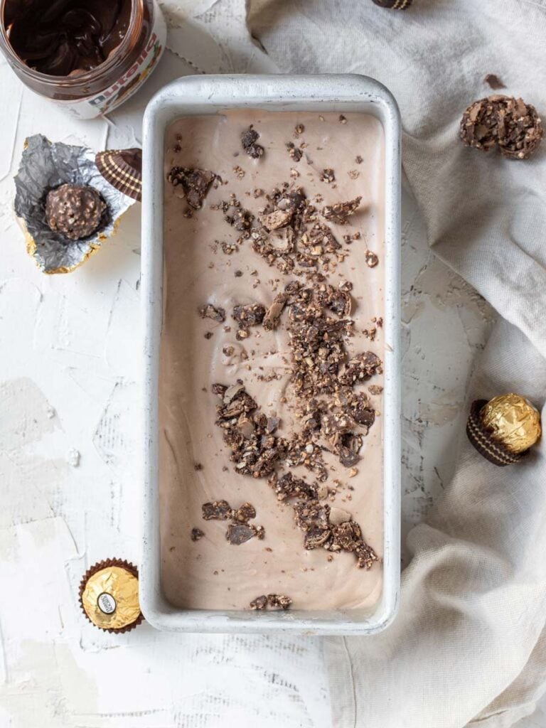 Ice cream poured in a pan for freezing. 