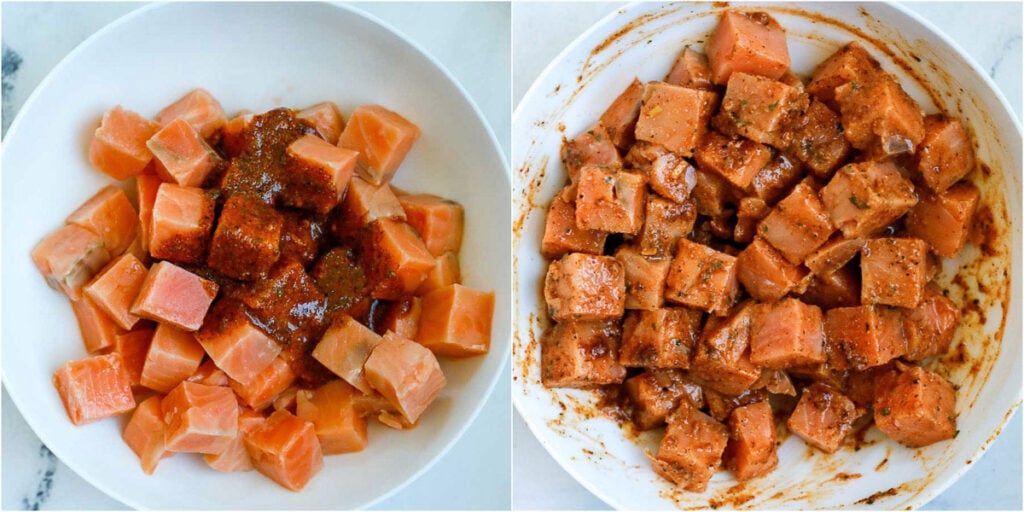 salmon cubes marinated in a bowl