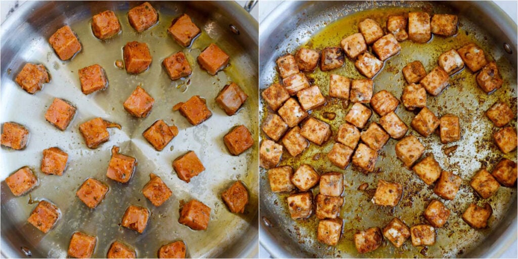 cubed salmon in a skillet