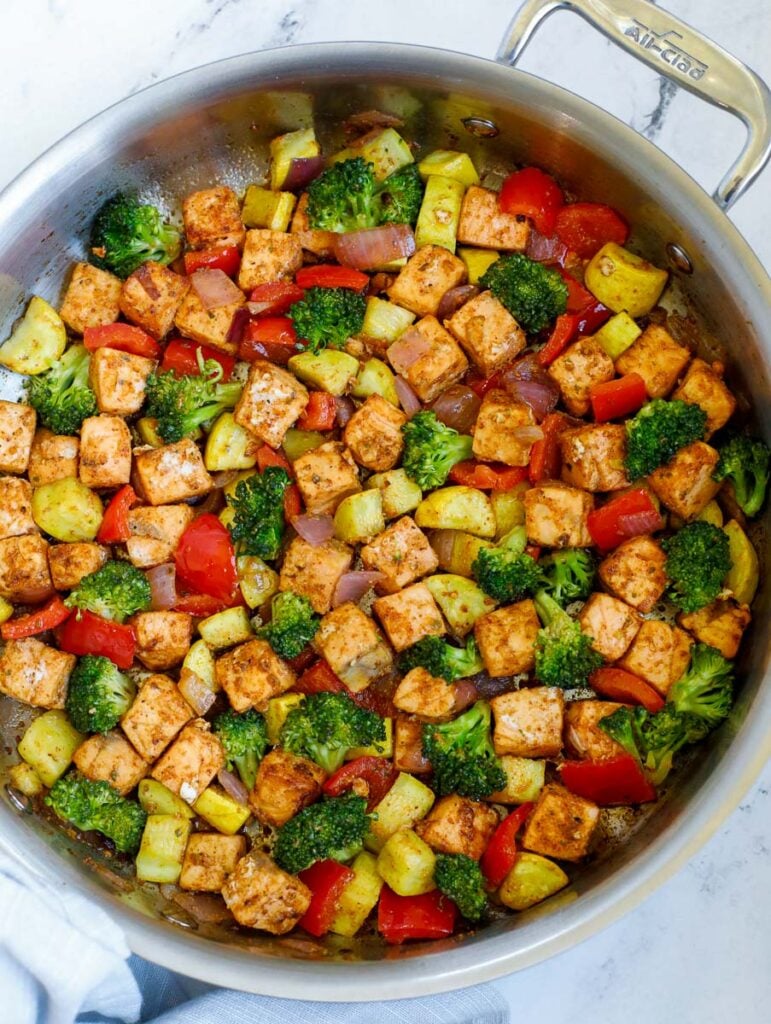 Salmon with Vegetables in a skillet