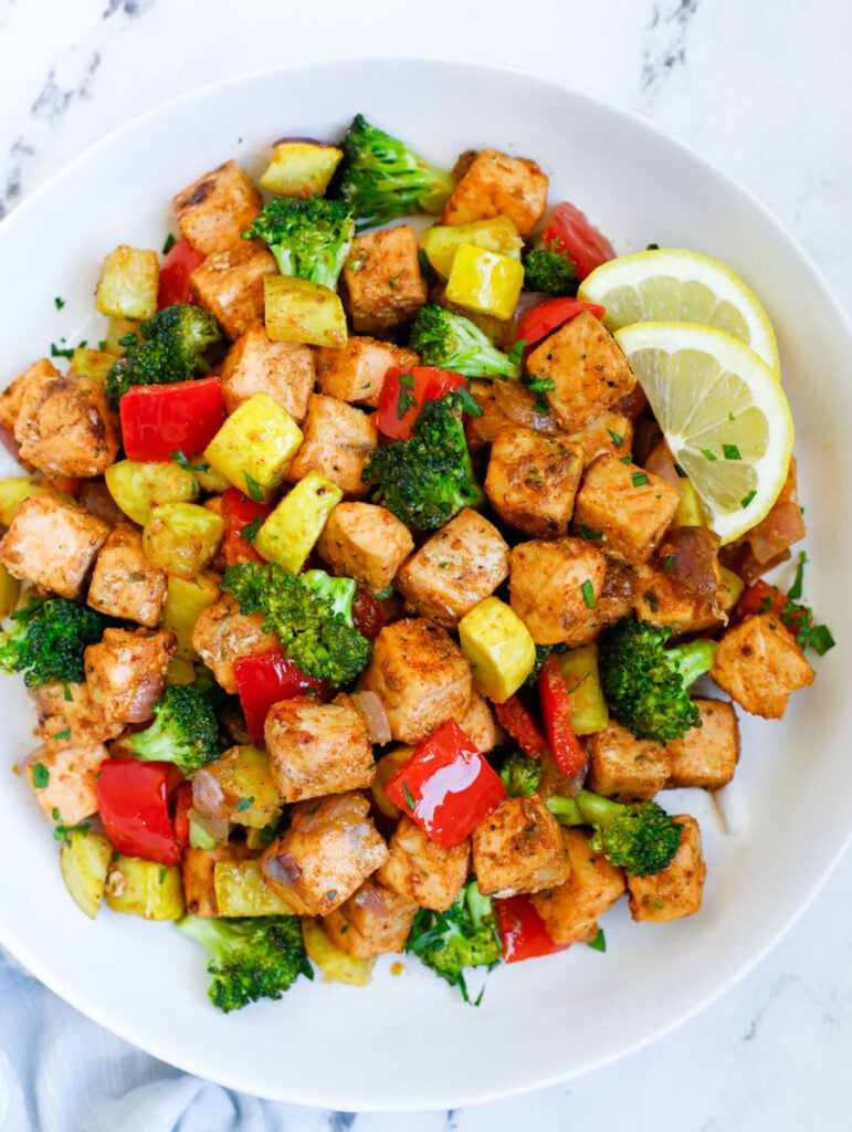 Salmon and vegetables served in a plate