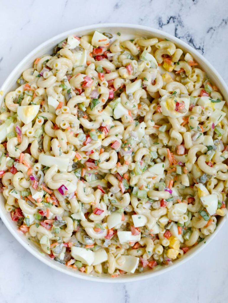 overhead shot of Easy Macaroni Salad in a bowl