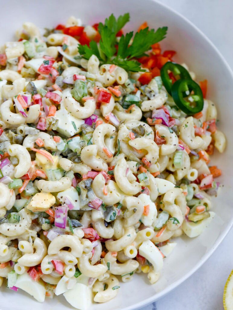 Easy Macaroni Salad in a white bowl