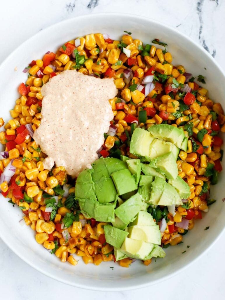 Street Corn Salad with avocado and dressing