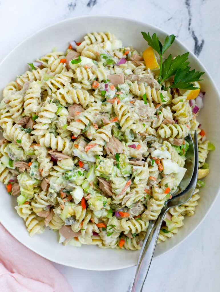 Tuna Pasta Salad Recipe in a white bowl