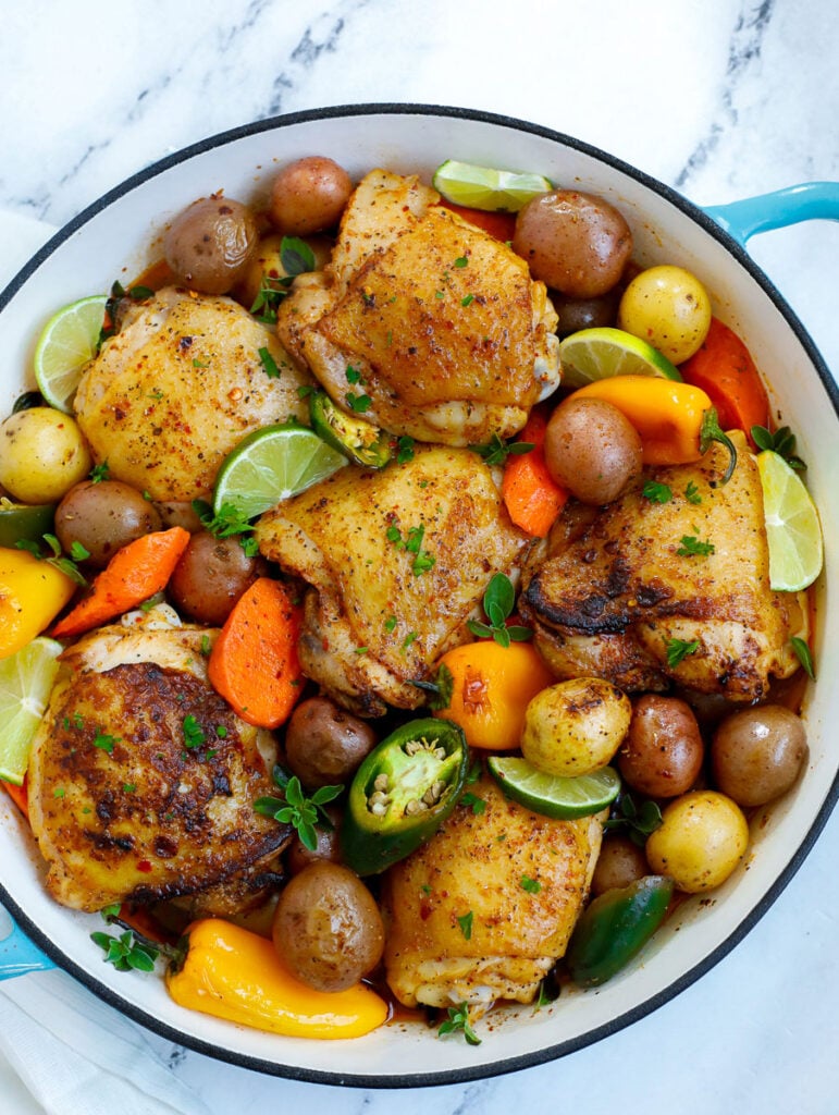 top down shot of chicken and veggies