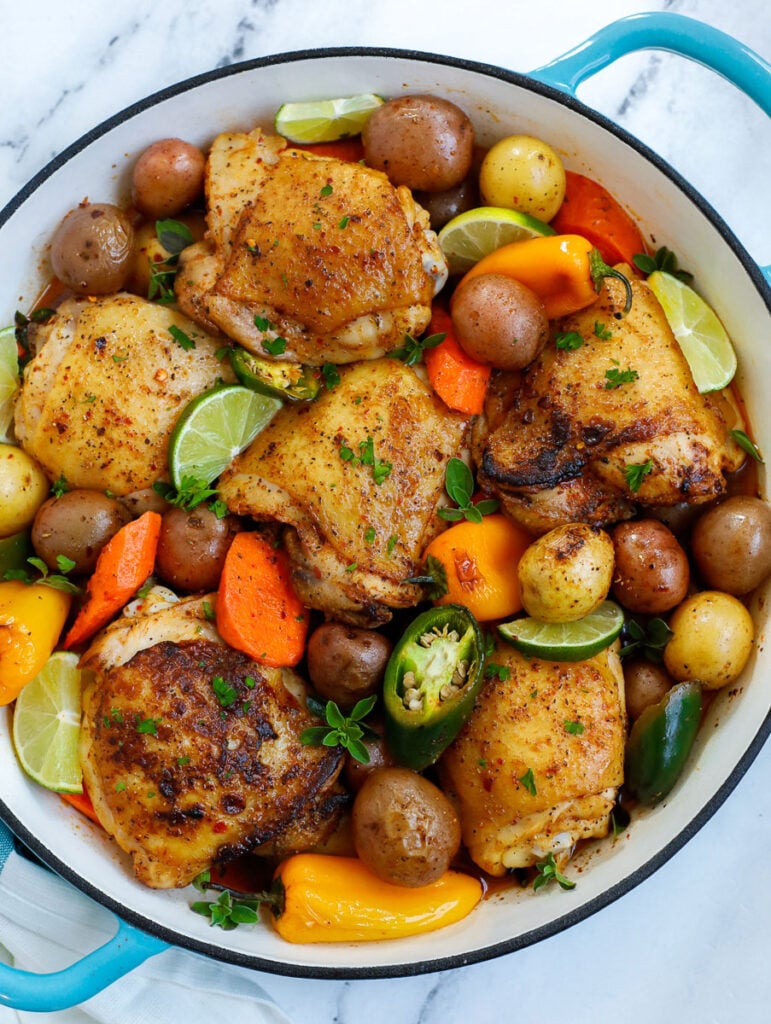 overhead shot of Chicken and Potato Bake in a pot