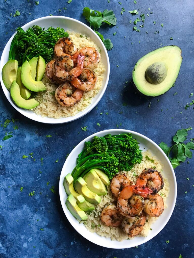 top down view showing two bowls of cilantro lime shrimp