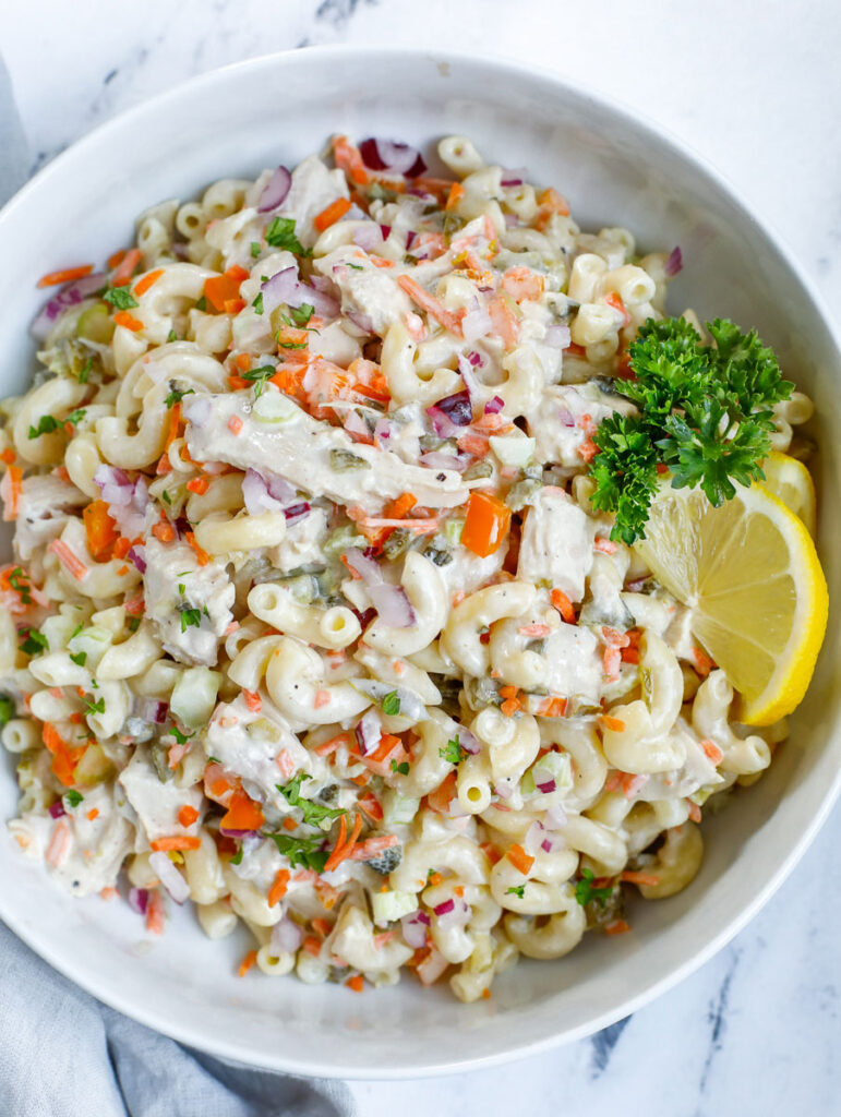 top down shot of the chicken macaroni salad