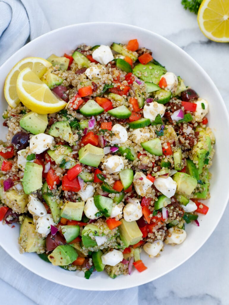 Easy Mediterranean Quinoa Salad in a white bowl