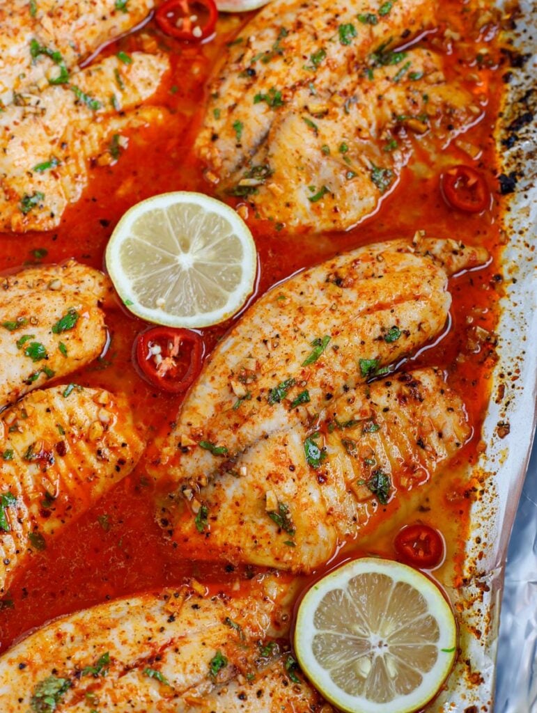 overhead shot of baked tilapia recipe 