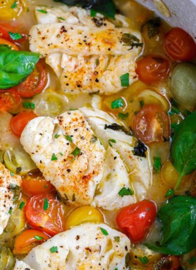 Oven Baked Cod in a skillet