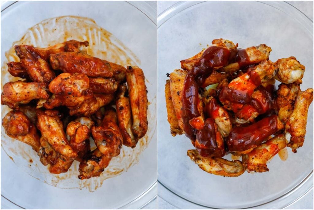 coating chicken wings in a bowl with BBQ sauce.