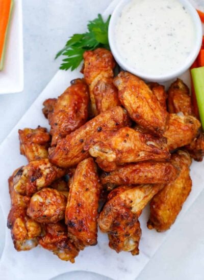 top donw shot of Air Fryer Chicken Wings with a dip.