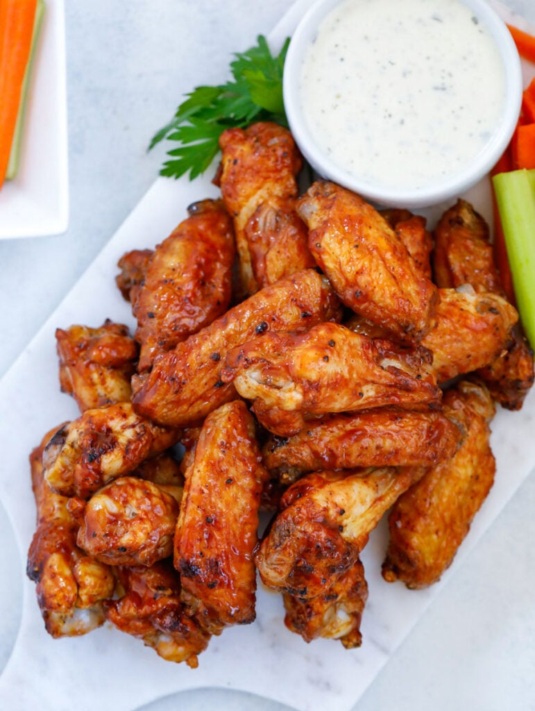 top donw shot of Air Fryer Chicken Wings with a dip.