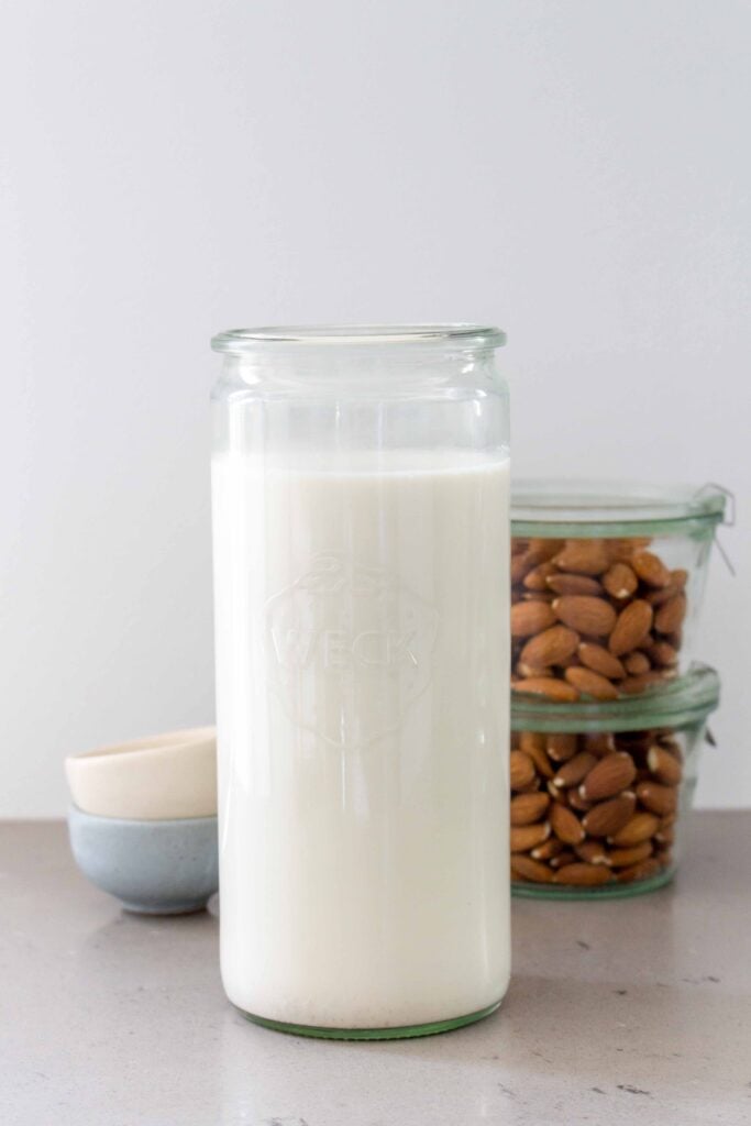 jar of homemade almond milk