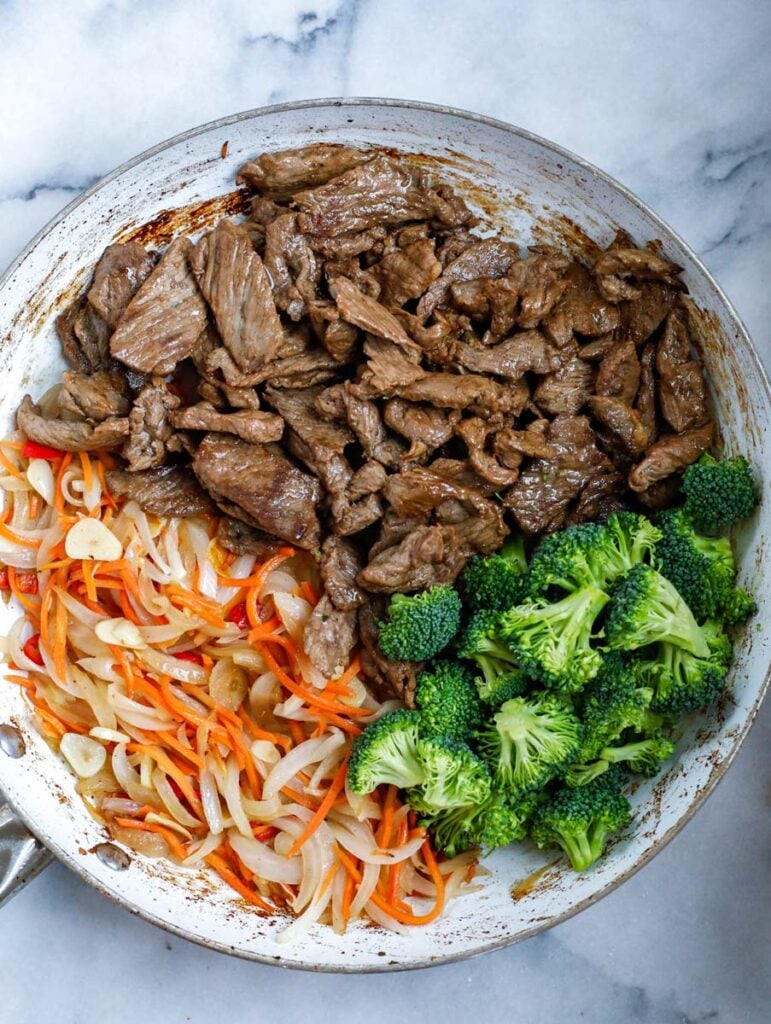 top down shot of Beef and Broccoli Stir Fry in a bowl