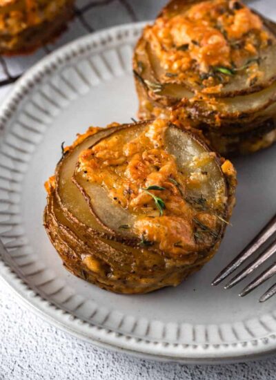 cheese potato stacks on a plate