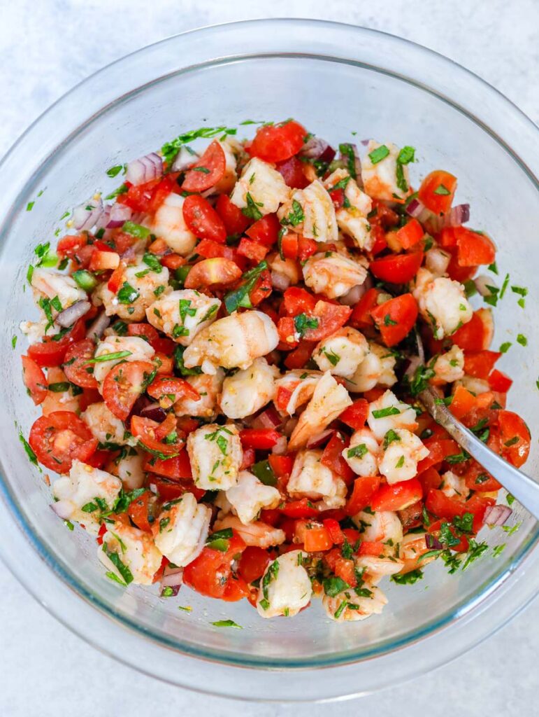 top down shot of mixing the shrimp filling.