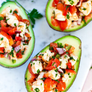 top down shot of Shrimp Stuffed Avocado in a dish.