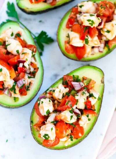 top down shot of Shrimp Stuffed Avocado in a dish.