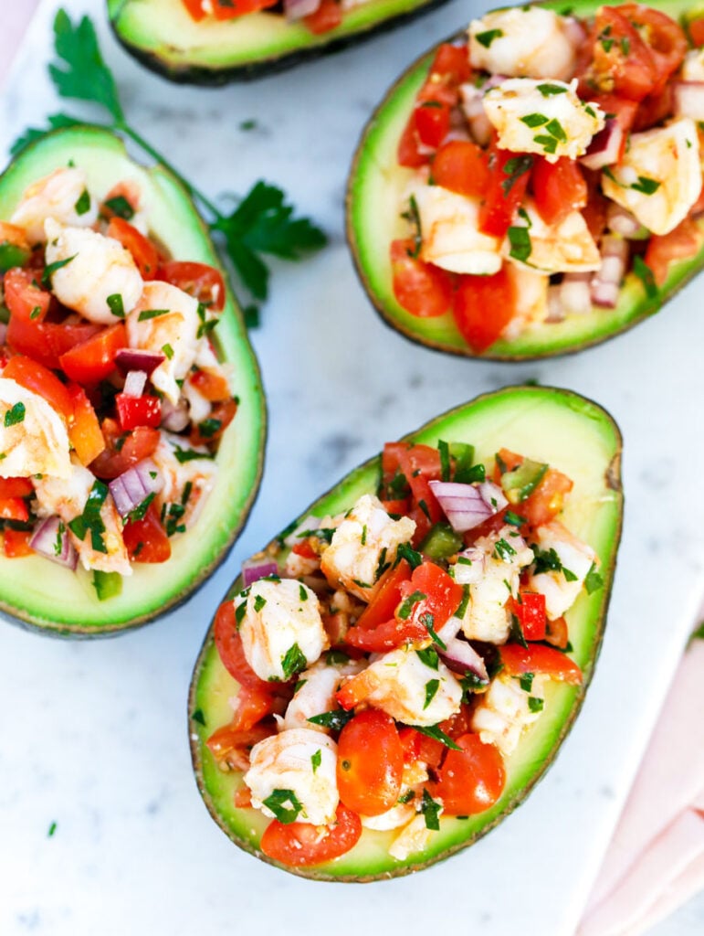 top down shot of Shrimp Stuffed Avocado in a dish.