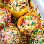 top down shot of Healthy Stuffed Peppers in a baking dish.