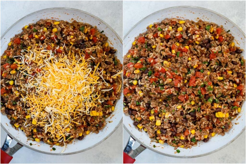 top down shot of ground beef mix in a skillet
