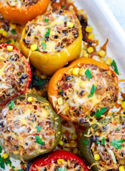 top down shot of Healthy Stuffed Peppers in a baking dish.
