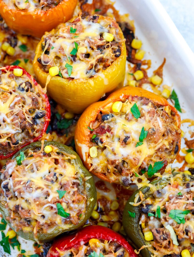 top down shot of Healthy Stuffed Peppers in a baking dish.