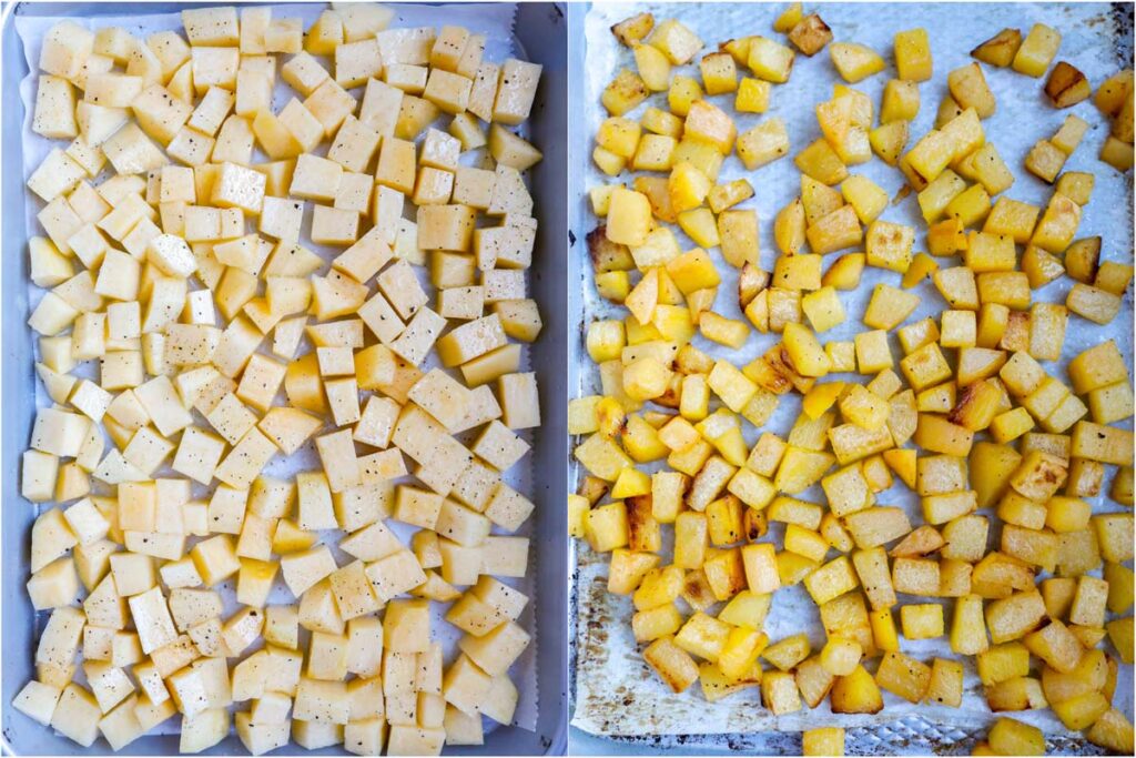 diced turnips on a baking tray