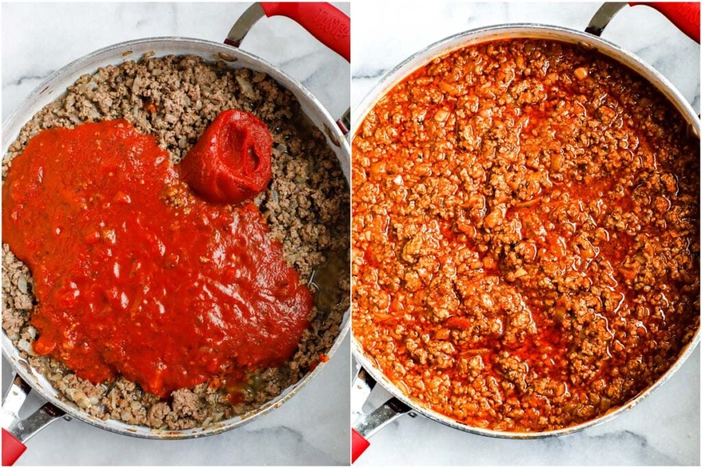 ground beef in a red pot with tomato sauce.