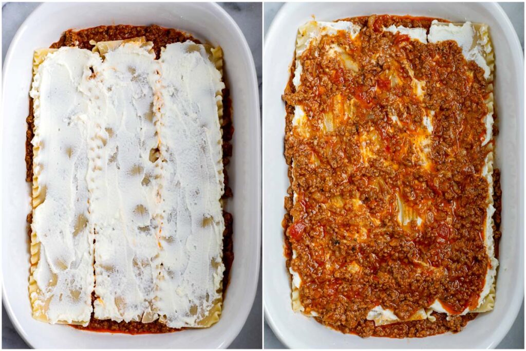 layering the meat sauce and pasta.