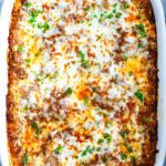 Meat Lasagna in a white dish.