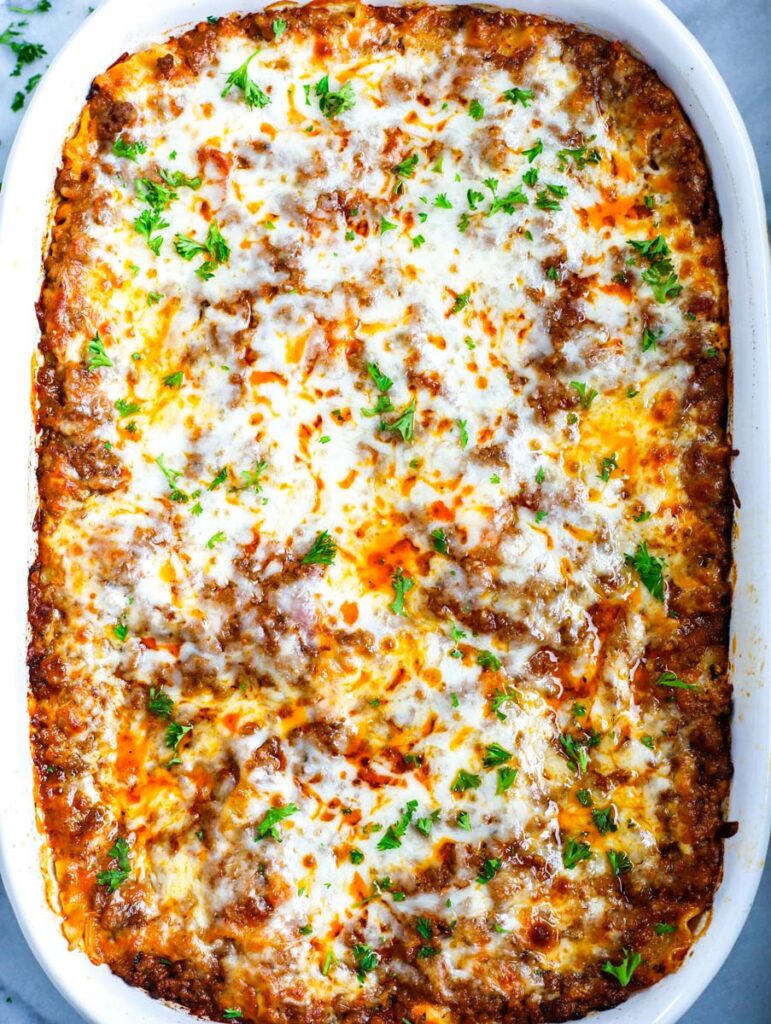 Meat Lasagna in a white dish.