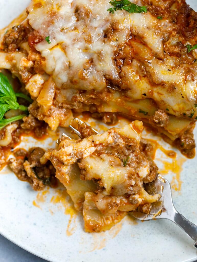 close up of meat lasagna.