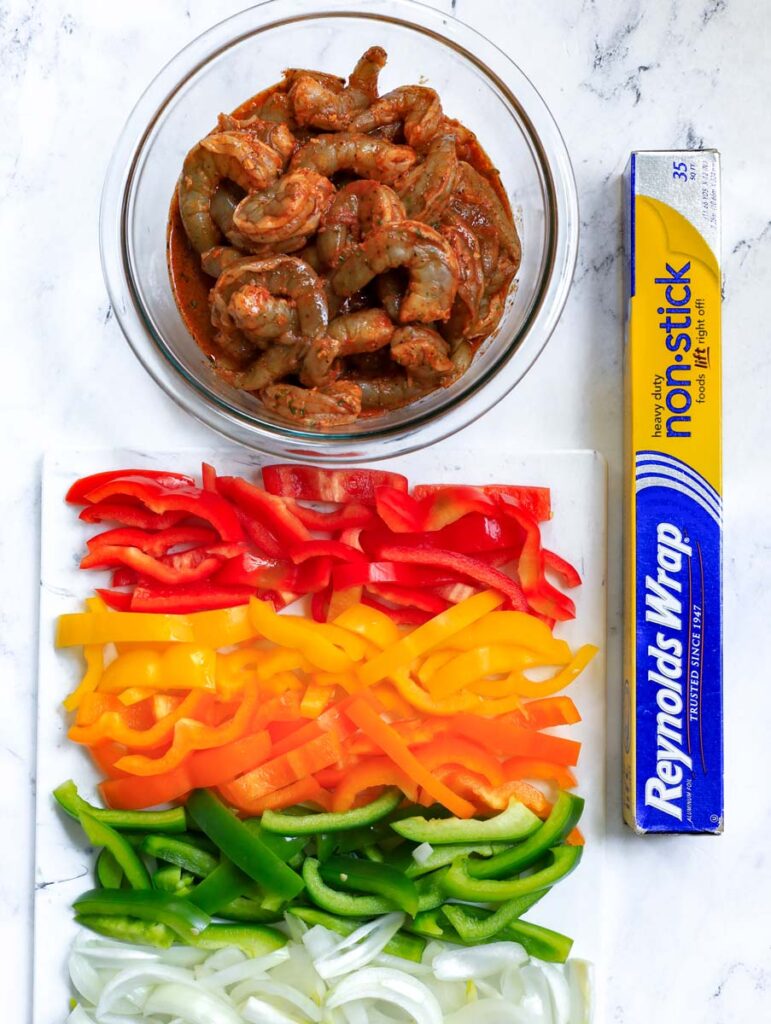 top view of shrimp fajita ingredients