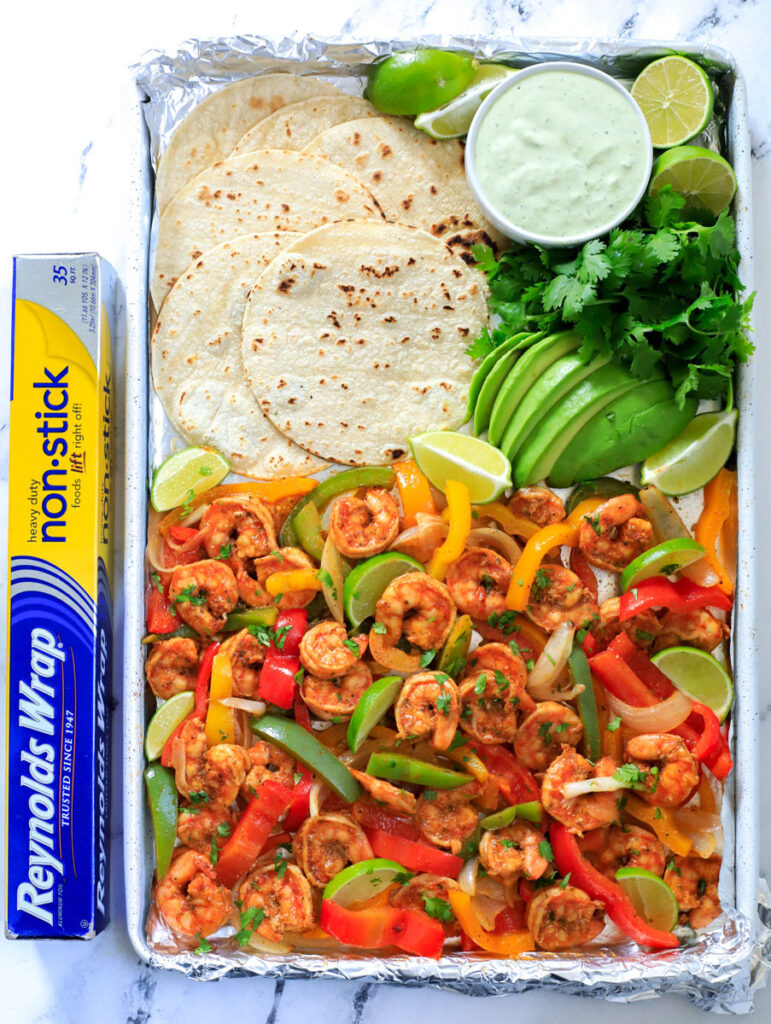 top down view of shrimp fajita sheet pan