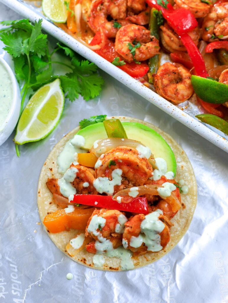 shrimp fajita on a tortilla